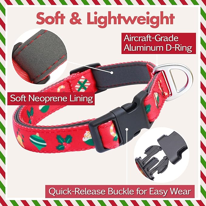 Christmas Dog Collar, Cute Holiday Red Collars for Girl & Boy, Reflective,Soft Padded Neoprene,Fully Adjustable,Durable & Lightweight Large Dog Collar, (Christmas, L)