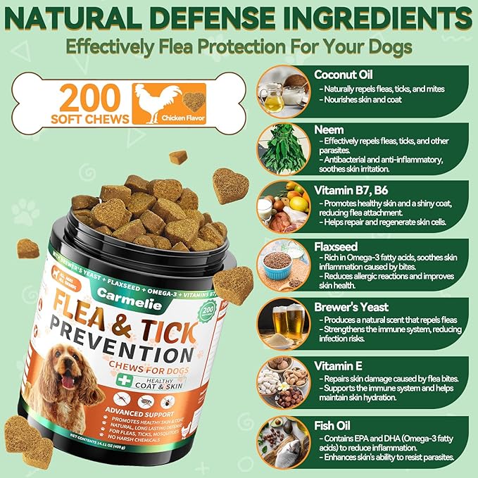 Carmelie Flea and Tick Prevention for Dogs - 200 Chews Natural Dog Flea and Tick Support, Oral Flea Supplement for All Dogs, Supports Healthy Skin & Coat, Puppy Flea Protection - Chicken Flavor