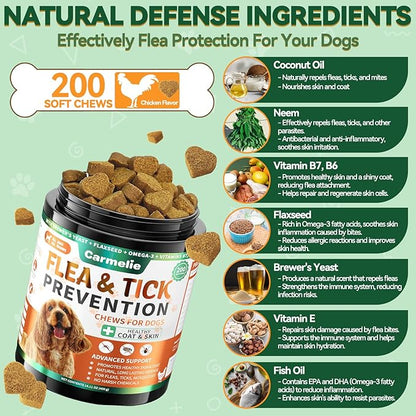 Carmelie Flea and Tick Prevention for Dogs - 200 Chews Natural Dog Flea and Tick Support, Oral Flea Supplement for All Dogs, Supports Healthy Skin & Coat, Puppy Flea Protection - Chicken Flavor