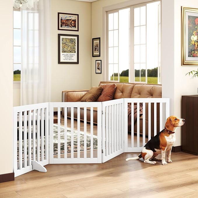 PUPETPO 24”H Freestanding Dog Gates for The House, Wooden Pet Gates for Doorways, Extra Wide Dog Gate for Stairs, Support Feet Included, 80 inch Wide 4 Panels, Indoor Use, White