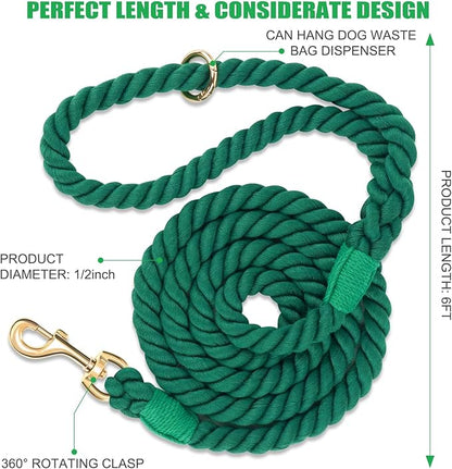 Dog Leash 6 FT Handmade Braided Cotton Rope Leashes for Small Medium and Large Dogs, New Golden Heavy Duty Metal Clasp, Dark Green