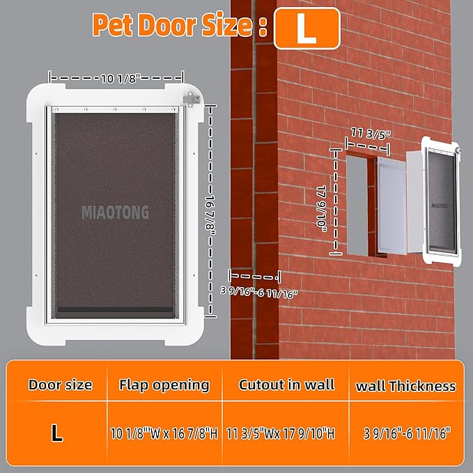 MIAOTONG 3-Flap Dog Door for Wall, Energy-Efficient Insulated Pet Door for Wall, Aluminum Lock Doggy Doors,Steel Frame and Telescoping Tunnel Dog Doors(Pets Up to 100 Lb) -Large
