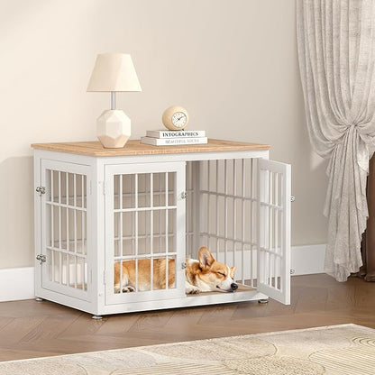 rehomerance 32 Inch Heavy Duty Dog Crate Furniture for Medium and Small Dogs, Decorative Pet House End Table, Wooden Cage Kennel Furniture Indoor, Natural and White