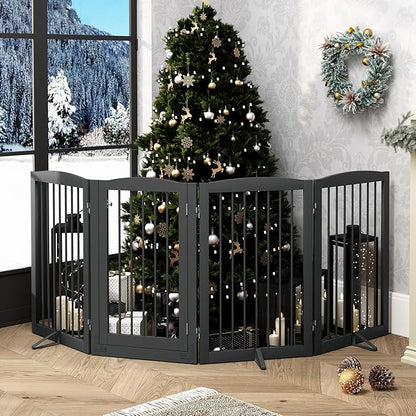 PUPETPO Freestanding Dog Gates with Door Walk Through, Pet Gate for Stairs, 80 inch Wide Gates Indoor, Dog Fences Indoor, Support Feet Included, 4 Panels, 32" Tall, Grey