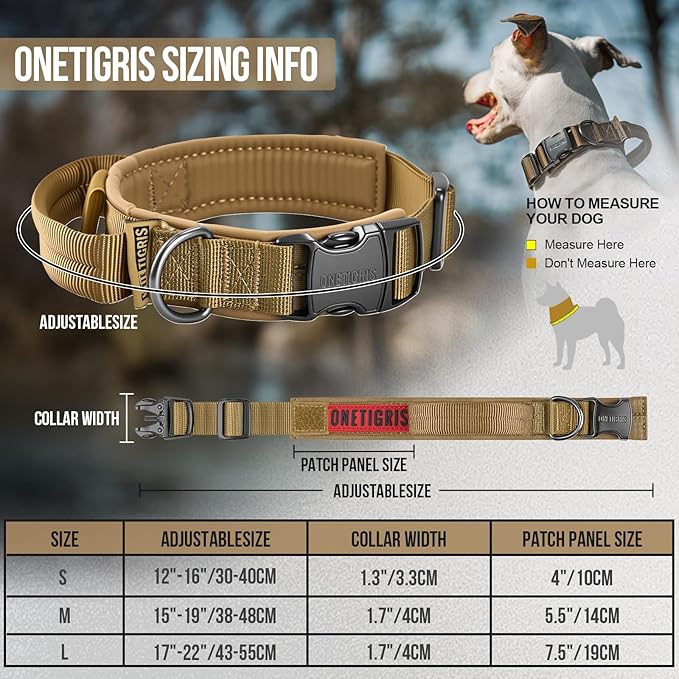 OneTigris Tough Dog Collars, Tactical Dog Collar with Handle, Milltary Adjustable Dog Collar with Heavy Duty Metal Buckle for Training (Brown, S)