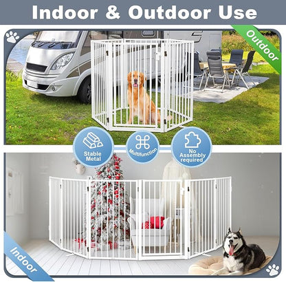 Metal Freestanding Dog Gates with Door for Outdoor Indoor,120'' Extra Wide 32'' Tall Free Standing Dog Gate for Doorways,Large Openings,Deck,Yard,Porch,Foldable Pet Fence(White,6 Panels)