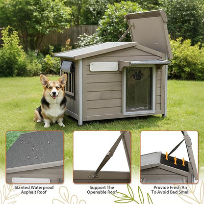PetsCosset 30.1" L Large Dog House Outdoor & Indoor,Fir Wood Dog Kennel with Weatherproof Openable Asphalt Roof,Spacious Doghouse with Anti-Chewing Metal Edges for Small & Medium & Large Dogs,Grey