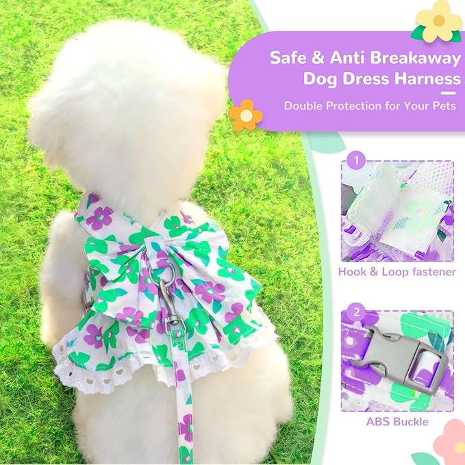 ABRRLO Dog Harness Dress Leash Set for Small Dog Summer Clothes Girl Female Puppy Cats Outfits Cute Floral Bowknot Princess Birthday Dress for Extra Small Pet Doggie Kitten Outfits Apparel(Green,L)