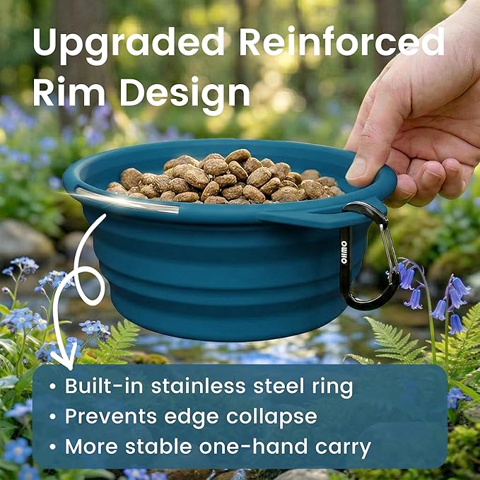 OHMO Collapsible Dog Water Bowls w/Built-in Stainless Steel Ring – 2pcs Large 27oz/800ml Portable Silicone Pet Feeding Bowl for Hiking, Camping, Travel