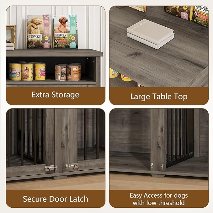 Furniture Dog Crate for Two Dogs, 41 Inch Farmhouse Style Dog Kennel with Removable Divider and Thickened Desktop, Heavy-Duty Base for Small to Medium Dogs, Grey