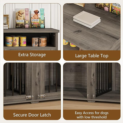 Furniture Dog Crate for Two Dogs, 41 Inch Farmhouse Style Dog Kennel with Removable Divider and Thickened Desktop, Heavy-Duty Base for Small to Medium Dogs, Grey