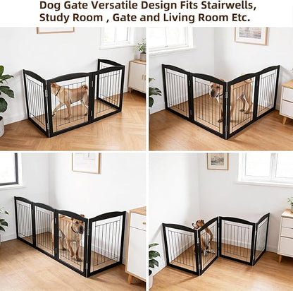 ZJSF Freestanding Foldable Dog Gate for House Extra Wide Wooden Black Indoor Puppy Gate Stairs Dog Gates Doorways Tall Pet Gate 4 Panels Fence