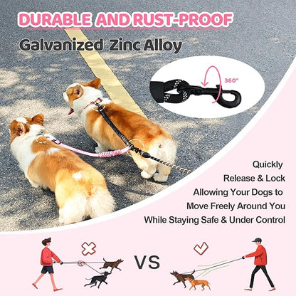 Double Dog Leash - 360°Swivel Tangle Free Splitter Attachment, 1 Rope with Handle, 2 Dogs Multi-Functional Leash, for Outdoor Walk Train Small Medium Large Two Pet, Pink
