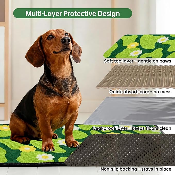 Qeils Reusable Puppy Pads for Small Dogs, Washable Pee Pads with Non-Slip , Absorbent Leakproof Mat for Crates, Playpens, Pet Beds & Whelping, Indoor Potty Training Grass Green, 16"x30", 2 Pack