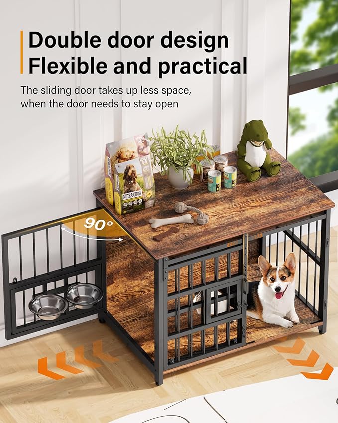 Dog Crate Furniture for Medium Dogs: Heavy Duty Chewproof Wooden Kennel Furniture - Dog Cage Table for High Anxiety - 360° Adjustable Bowls Multi-Lock Sliding Door for Indoor