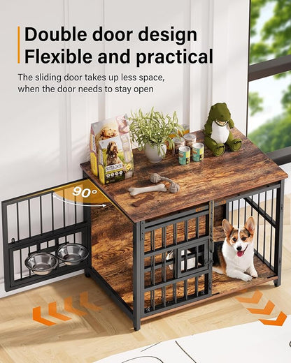 Dog Crate Furniture for Medium Dogs: Heavy Duty Chewproof Wooden Kennel Furniture - Dog Cage Table for High Anxiety - 360° Adjustable Bowls Multi-Lock Sliding Door for Indoor