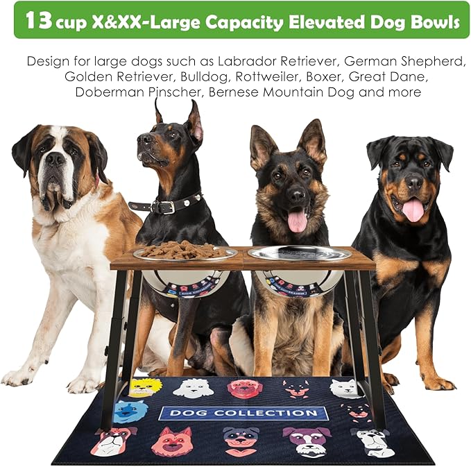 Elevated Dog Bowls for Large Extra Large Dogs with Mat, 4 Height Adjustable, 2 Stainless Steel Dog Bowls 3000ml,101oz