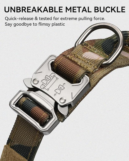 Joytale Tactical Dog Collar with Handle and Metal Buckle, Heavy Duty Padded Military Collar with 2 Patches for Training, Adjustable for Large Dogs, Camouflage, L