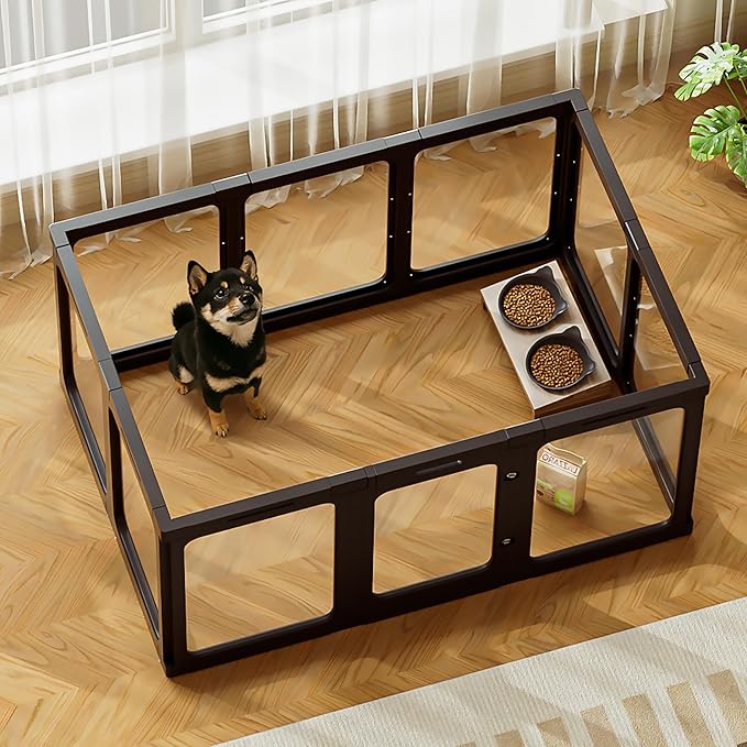 Jalove Acrylic Dog Playpen Indoor, 24“ H Plastic Pet Playpen with Door, Clear Pet Play Pen for Puppy Cat Rabbit Ferret, Easy Assemble Dog Pen, Preferable for Small Cage, Black 10 PCS