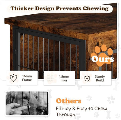Dog Crate Furniture with Thick Cushion, Side End Table Wooden Dog Cage with Double Doors, Chew-Resistant Dog Kennel Dog House Indoor for Small to Large Dog