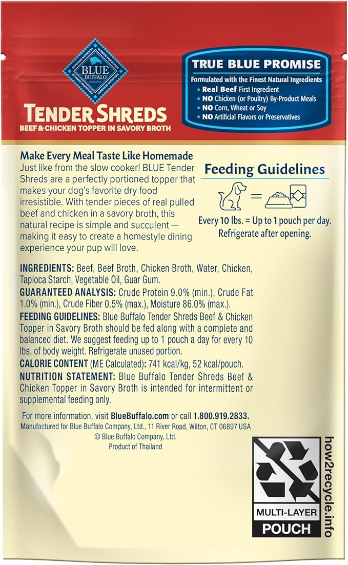 Blue Buffalo Tender Shreds Beef & Chicken Toppers in Savory Broth, Natural Dog Food Complement, Beef, 2.5-oz. Pouch, 24-Count