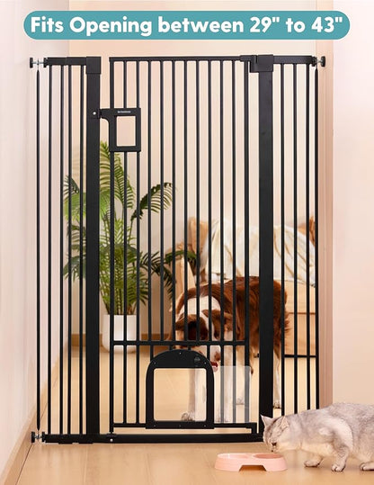 No Pawblems 55" Extra Tall Pet Gate with Adjustable Cat Door, 29-43" Auto Close Dog Gate, NO Drilling Pressure Mounted for Doorways/Hallways, 1.37" Narrow Bar Spacing, Black
