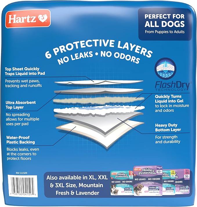 Hartz Home Protection Super Absorbent Odor Eliminating No Leaks Dog Pads, 50 Count