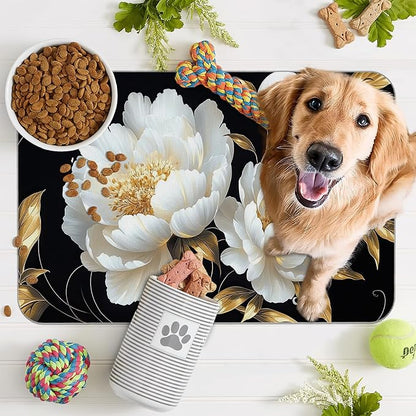White Flowers Pet Feeding Mat,Glitter BloomingAbsorbent Quick-Dry Cat Dog Food and Water Bowl Mats,Non-Slip Rubber Backing Mat,Cat Dog Accessories Supplies 16"x24"