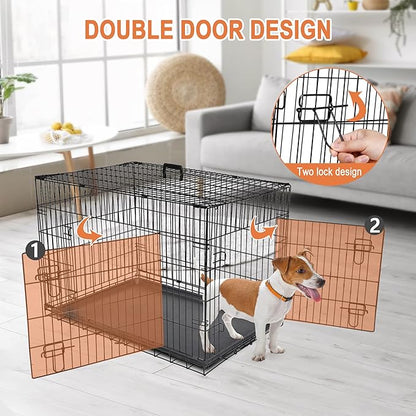 30/36/42 Inches Double Door Dog Crate Folding Metal Wire Dog Kennel Cage with Tray for Small/Medium/Large Dogs Indoor Outdoor Travel Use