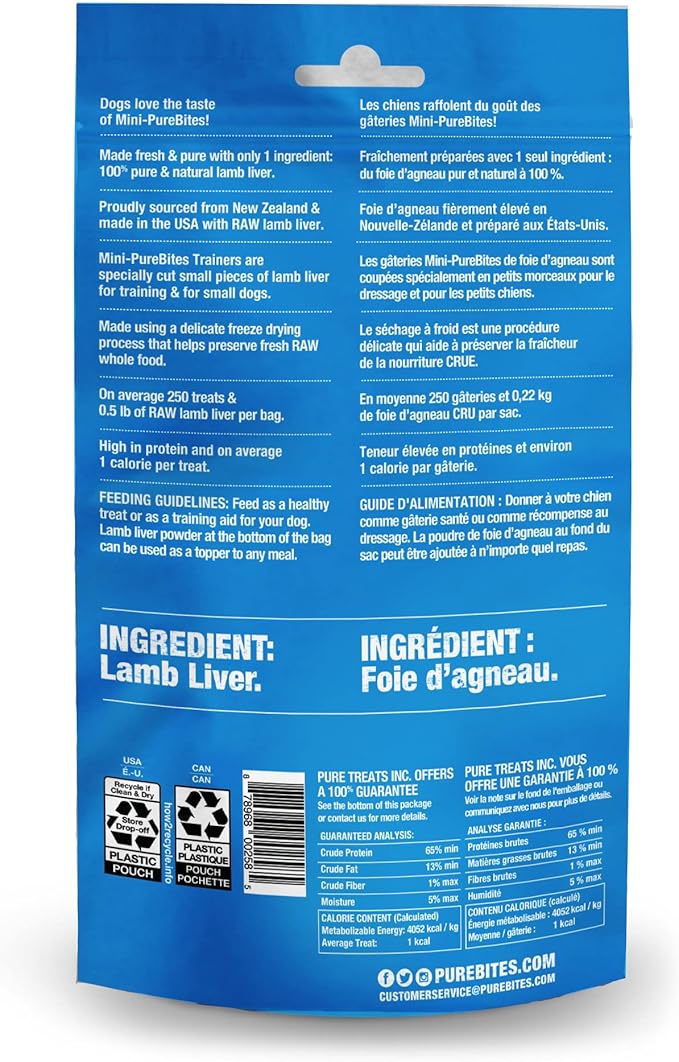 PureBites Mini Lamb Liver Freeze Dried Dog Treats, 1 Ingredient, Made in USA, 2.4oz