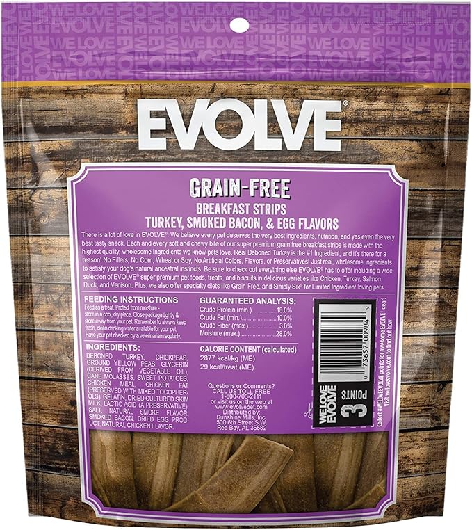 Evolve Grain Free Turkey, Bacon and Egg Flavored Breakfast Strips Dog Treats, 6oz