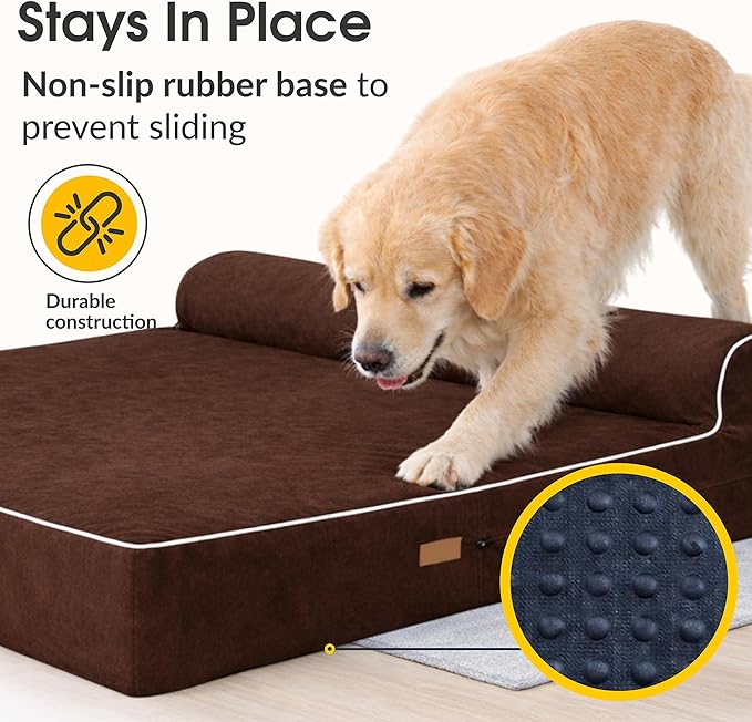 KOPEKS Orthopedic Memory Foam Dog Bed 7" Inch Thick Extra Large Dog Bed With Pillow Brown 50"x34"x10" Includes Waterproof Liner & Durable Removable Cover With Smart Design