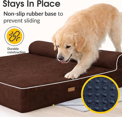 KOPEKS Orthopedic Memory Foam Dog Bed 7" Inch Thick Extra Large Dog Bed With Pillow Brown 50"x34"x10" Includes Waterproof Liner & Durable Removable Cover With Smart Design