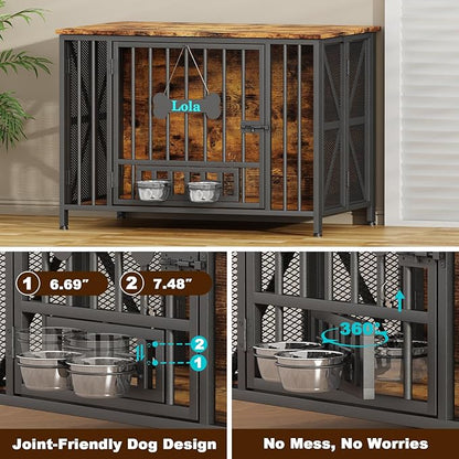 Easycom Foldable Large Dog Crate Furniture, 41.3" Assembly-Free Dog Crates for Large Dogs, Wooden Dog Kennel Indoor with Tag & Dog Bowls, Dog Cage Use as TV Stand, Rustic Brown