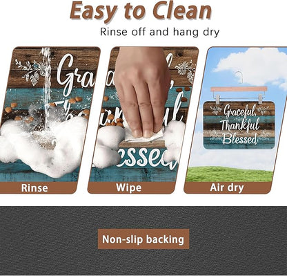 Thankful Grateful Blessed Dog Cat Food Mat,Vintage Wooden Absorbent Pet Feeding Mat for Food and Water, Non-Slip Dog Bowl Mats Floor Protector 16"x24"