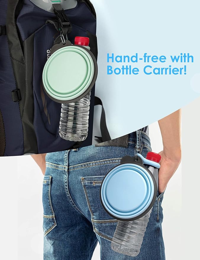 Aonkey Collapsible Dog Bowls with Bottle Carrier, 2 Pack Travel Dog Water Bowl Upgraded Carabiner, One-piece Molded Rim No Fall Off or Crack, Foldable Silicone Portable for Pets Walking Hiking 15oz