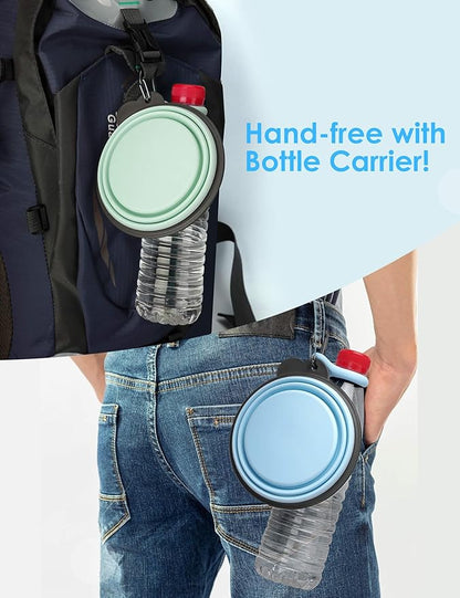 Aonkey Collapsible Dog Bowls with Bottle Carrier, 2 Pack Travel Dog Water Bowl Upgraded Carabiner, One-piece Molded Rim No Fall Off or Crack, Foldable Silicone Portable for Pets Walking Hiking 15oz