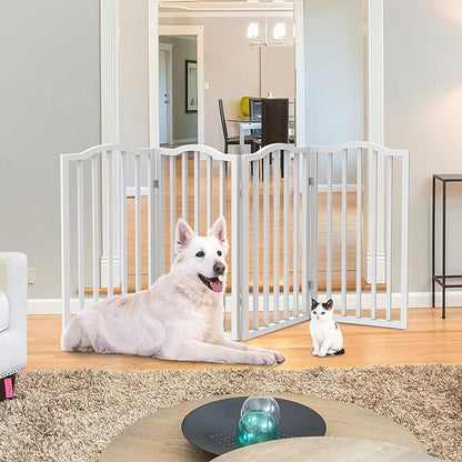 Pet Gate - 4-Panel Indoor Foldable Dog Fence for Stairs, Hallways, or Doorways - 72x32-Inch Wood Freestanding Dog Gates by PETMAKER (White)
