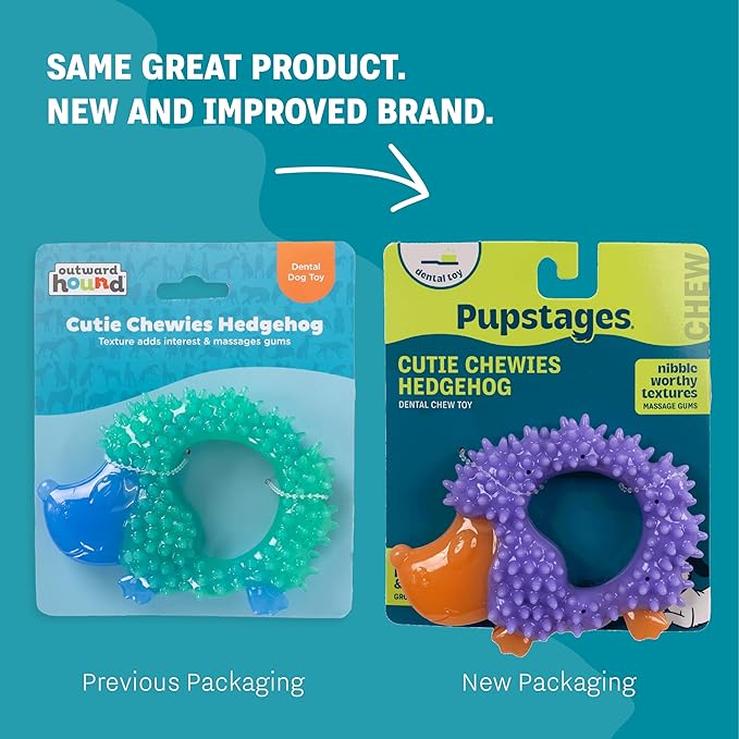 Cutie Chewies Hedgehog Dental Dog Chew Toy — Multi-Textured, Massages Gums, Floats & Bounces for Teething Puppies & Small Dogs, 5" x 3.5" x 1"