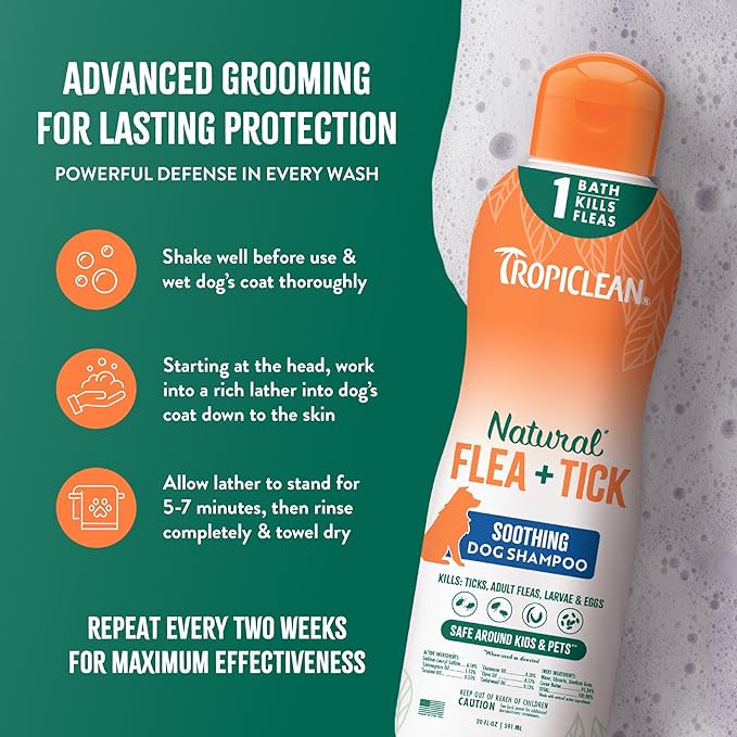 TropiClean Soothing Flea and Tick Shampoo for Dogs, Powerful & Natural Defense, for Large & Small Dogs, Made in USA, 20oz