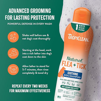 TropiClean Soothing Flea and Tick Shampoo for Dogs, Powerful & Natural Defense, for Large & Small Dogs, Made in USA, 20oz