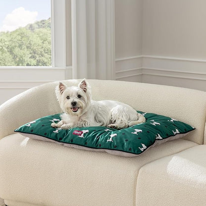 Berkshire Peanuts® Square Dog Bed, Suedemink Fleece Pet Mat with Waterproof & Non-Slip Bottom, Soft Plush Dog Mat for Crate, Couch, or Floor, Machine Washable(Snoopy Sitting Dot Green, Medium)