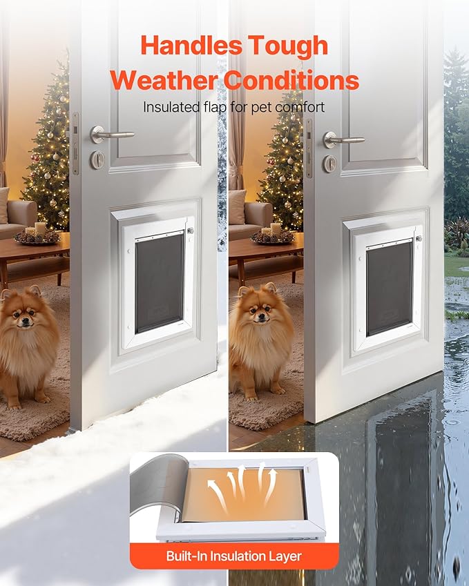 VEVOR Pet Door, Medium, with Three Magnetic Flaps and Metal Frame, Strong and Weatherproof Dog Door for Interior and Exterior Doors, Easy to Install, Easy in-and-Out Access for Doggies, White