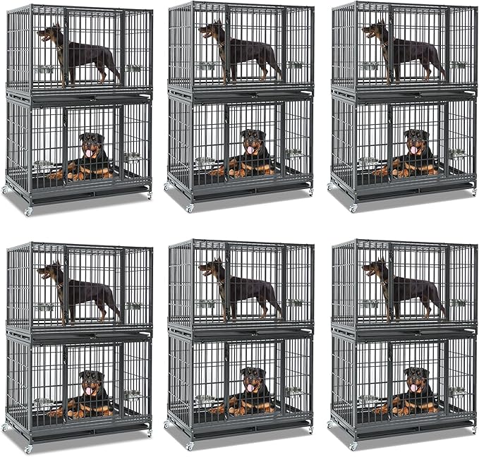 Homey Pet Two Tiers 47 Inch Heavy Duty Indestructible Dog Crate, Stackable Escape Proof Dog Cage Kennel Indoor with Two Removable Trays, Metal Grids, Wheels, Bowls, Double Doors for Large Dogs(6 Pack)