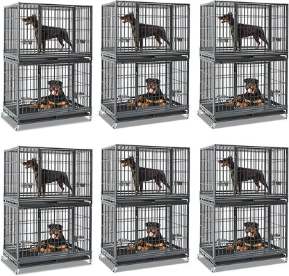 Homey Pet Two Tiers 47 Inch Heavy Duty Indestructible Dog Crate, Stackable Escape Proof Dog Cage Kennel Indoor with Two Removable Trays, Metal Grids, Wheels, Bowls, Double Doors for Large Dogs(6 Pack)