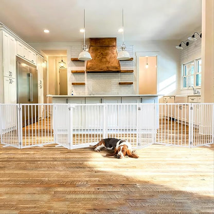 Snagle Paw Extra Wide Dog Gate,Free Standing Dog Fence with Door, Up to 208 Inch Wide Pet Gate with Support Feet for Stairs, Hallways, Doorways, Yard (White, 8 Panels)