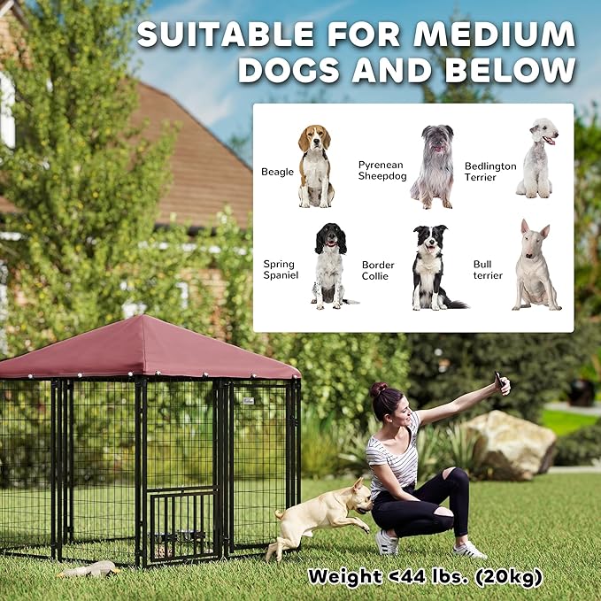 PawHut 4.6' x 4.6' x 5' Outdoor Dog Kennel, Welded Wire Dog Kennel Outside Run with 360° Rotating & 4 Level Adjustable Bowls, Waterproof & UV Resistant Cover, for S&M Breeds, Chickens, Ducks, Red