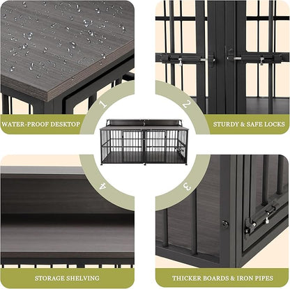 72 Inch Dog Crate Furniture for 2 Dogs, Wooden Dog Kennel Furniturewith Storage Shelf & Bowls, Heavy Duty Dual Dog Kennel End Table, Sturdy Dog Cage Furniture Dog Crate with Divider