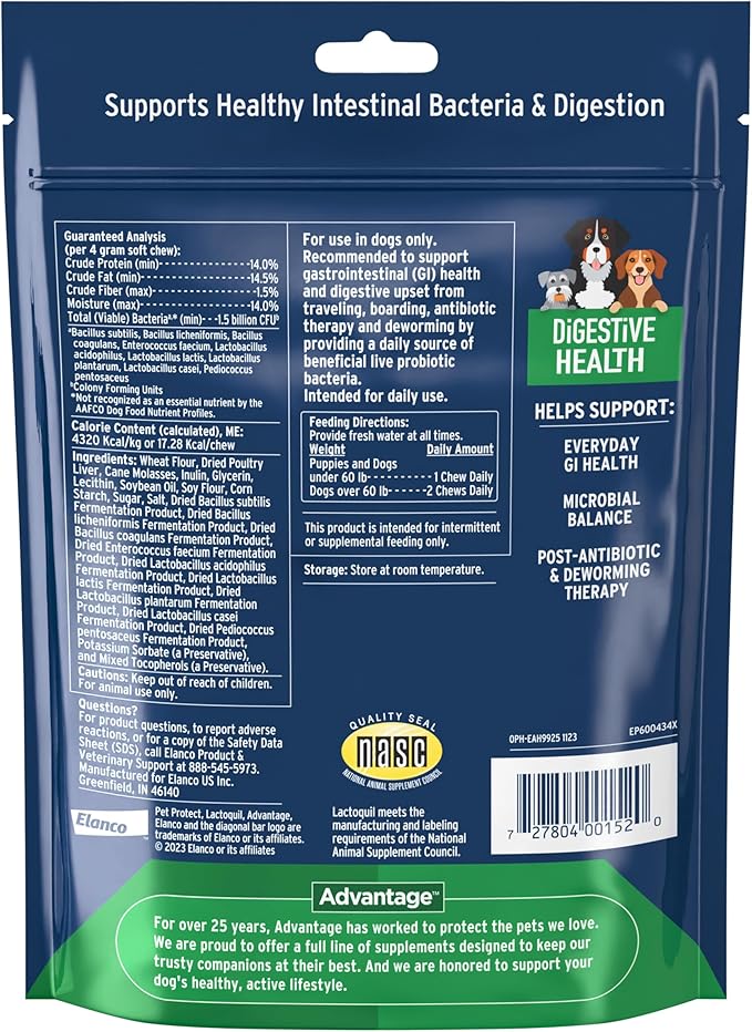 Pet Protect Digestive Health Supplement with Probiotics for Dogs, Vet-Formulated Lactoquil, Chicken-Flavored Soft Chews (60 Count)