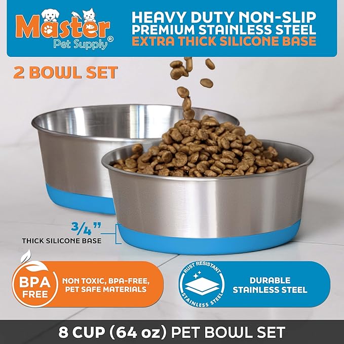 Master Pet Supply Stainless Steel Dog Bowls Set of 2 with Extra Thick Silicone Base - 8 Cup (64 oz) True Blue, Non-Slip, Dishwasher Safe Metal Bowls, Pet Dog Food Bowl for Dogs, Cats, Anti Rust